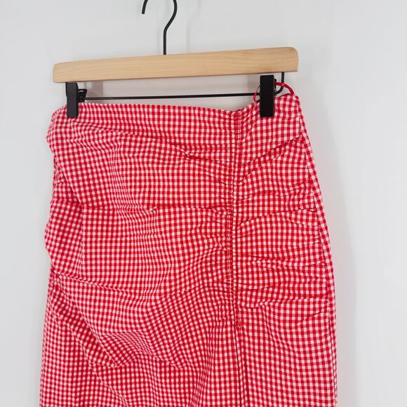 Zara Red White Gingham Midi Skirt Side Slit Mid Rise Ruched Size L Large - Picture 5 of 7
